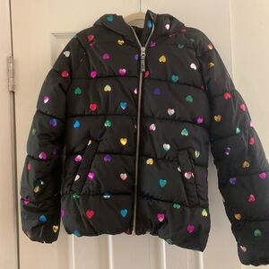 Black water resistant hooded puffer jacket with iridescent hearts, 10-12